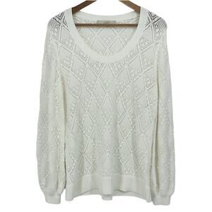 LOFT White Open Knit Pom Pom Balloon Sleeve Scoop Neck Sweater Size XL